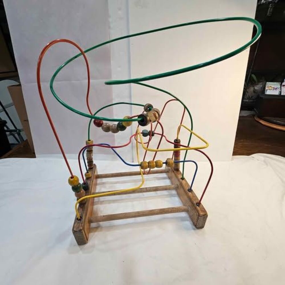 Vintage Wooden Bead Maze Roller Coaster Toy. Early learning toys. Well loved.